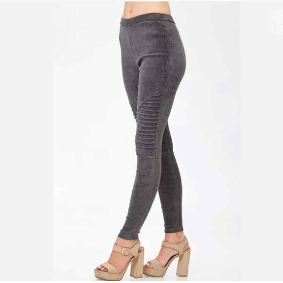 Gray Faux Suede Moto Stretch Casual Leggings - Picture 3 of 8